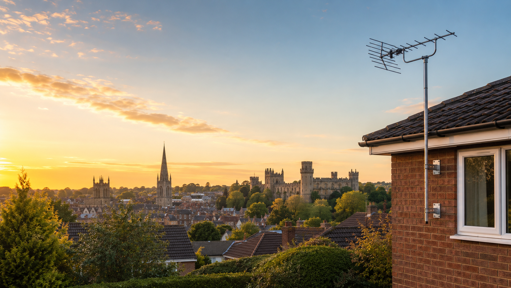 TV aerial above Warwick rooftops at sunset